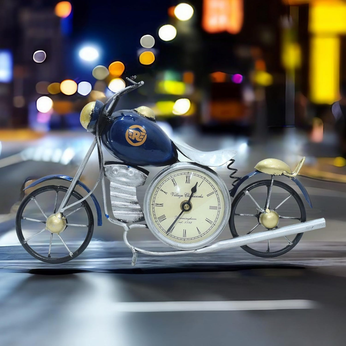 Vintage Royal Bullet Motor Bike with Antique Clock | Rustic Iron Metal Decor Showpiece for Study Table, Desk, Office