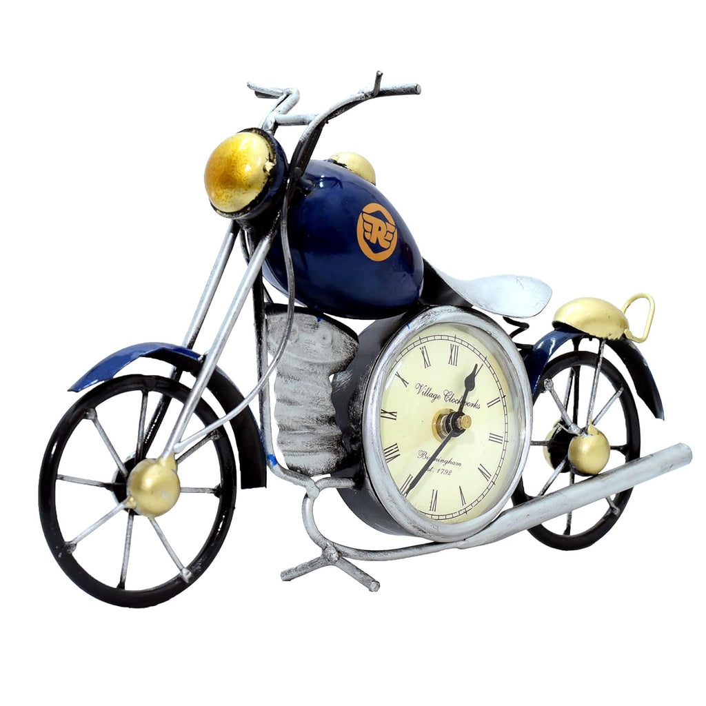 Vintage Royal Bullet Motor Bike with Antique Clock | Rustic Iron Metal Decor Showpiece for Study Table, Desk, Office