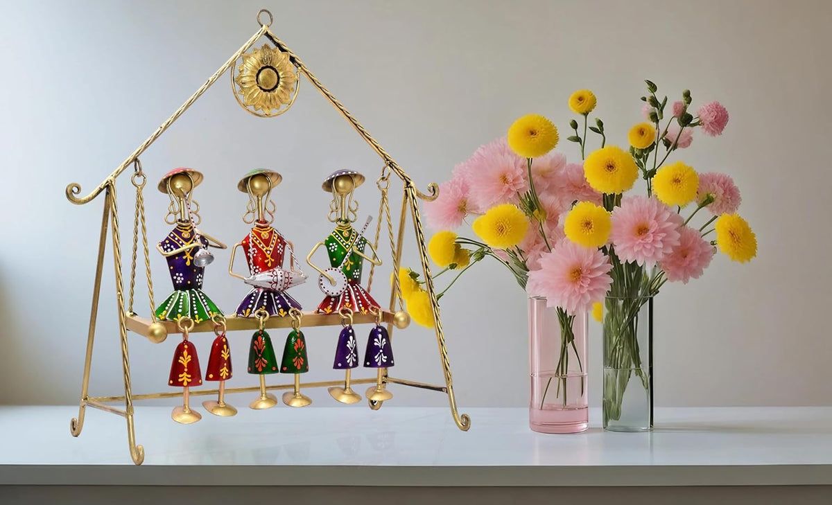 Three Rajasthani Musician Dolls Swing Set Home Decor Items for Living Room