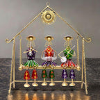 Three Rajasthani Musician Dolls Swing Set Home Decor Items for Living Room, Large 16 x 16 inch Metal Tabletop Showpiece Hanging Jhula for Centertable, Shelf, Gifting