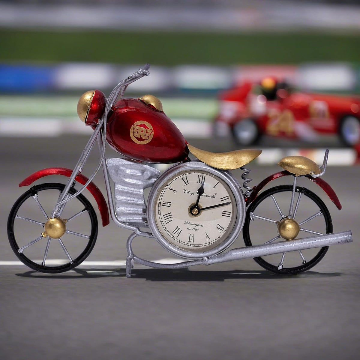 Vintage Royal Bullet Motor Bike with Antique Clock | Rustic Iron Metal Decor Showpiece for Study Table, Desk, Office