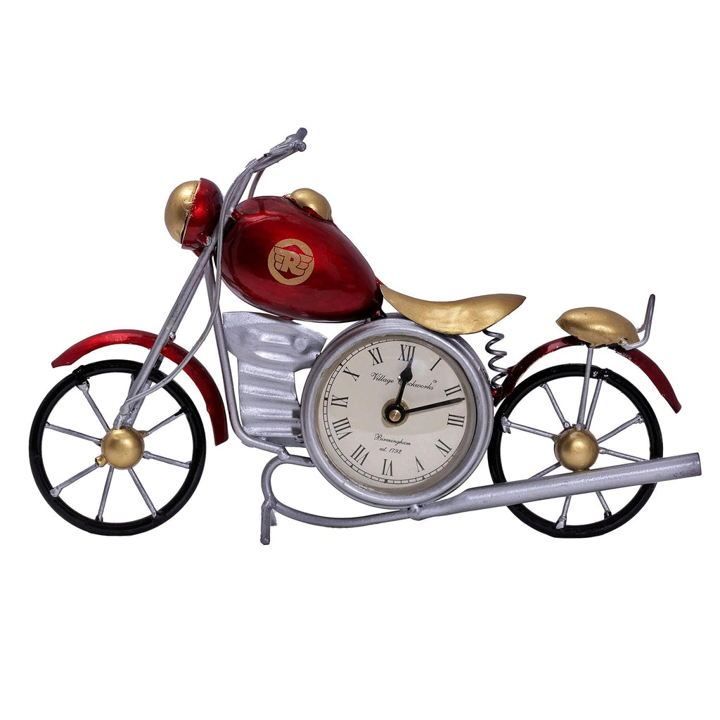 Vintage Royal Bullet Motor Bike with Antique Clock | Rustic Iron Metal Decor Showpiece for Study Table, Desk, Office