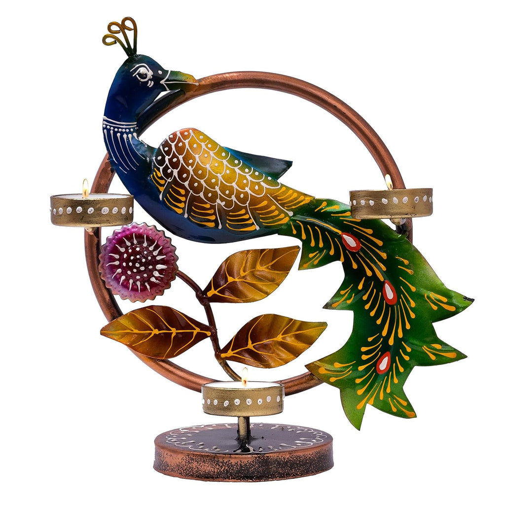 Illuminate Your Space with Elegant Tealight Candle Holder – Tabletop Decorative Peacock Three Candle Holder (Design 2)