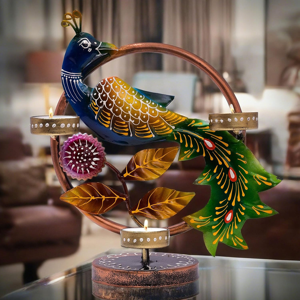 Illuminate Your Space with Elegant Tealight Candle Holder – Tabletop Decorative Peacock Three Candle Holder (Design 2)