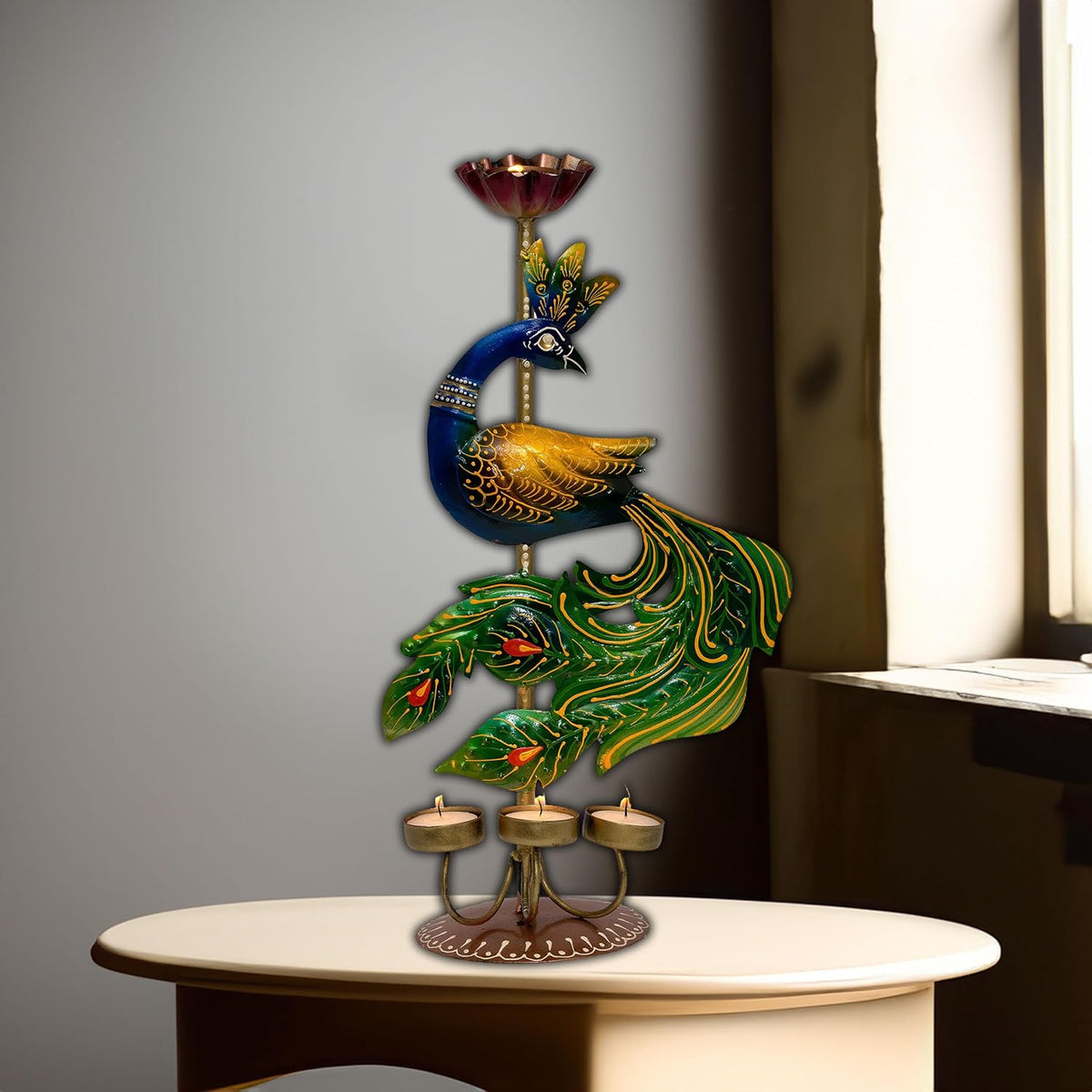 Illuminate Your Space with Elegant Tealight Candle Holder – Decorative Peacock Four Candle Holder (Design 3)