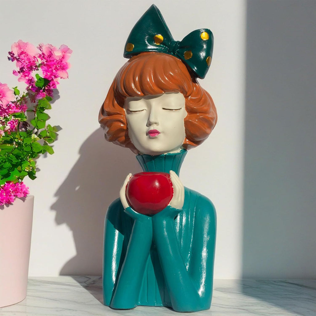 Elegant Resin Girl Figurine with Apple - Art Deco Inspired Home Accent Living Room Tabletop Decorative Item Showpiece (Green, Vintage Lady)