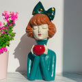 Elegant Resin Girl Figurine with Apple - Art Deco Inspired Home Accent Living Room Tabletop Decorative Item Showpiece (Green, Vintage Lady)