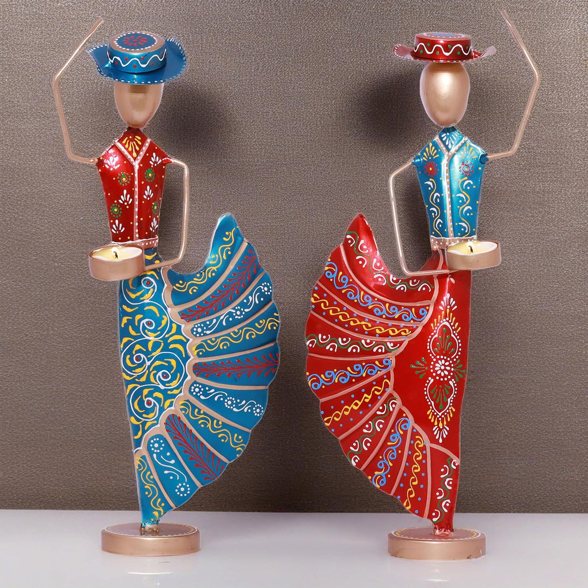 Colorful Dancers Iron Showpiece with Tealight Candle Holder - Decorative Figurine for Home, Celebratory Gift for Anniversary, Festivals & Weddings (Mariachi Dancers)
