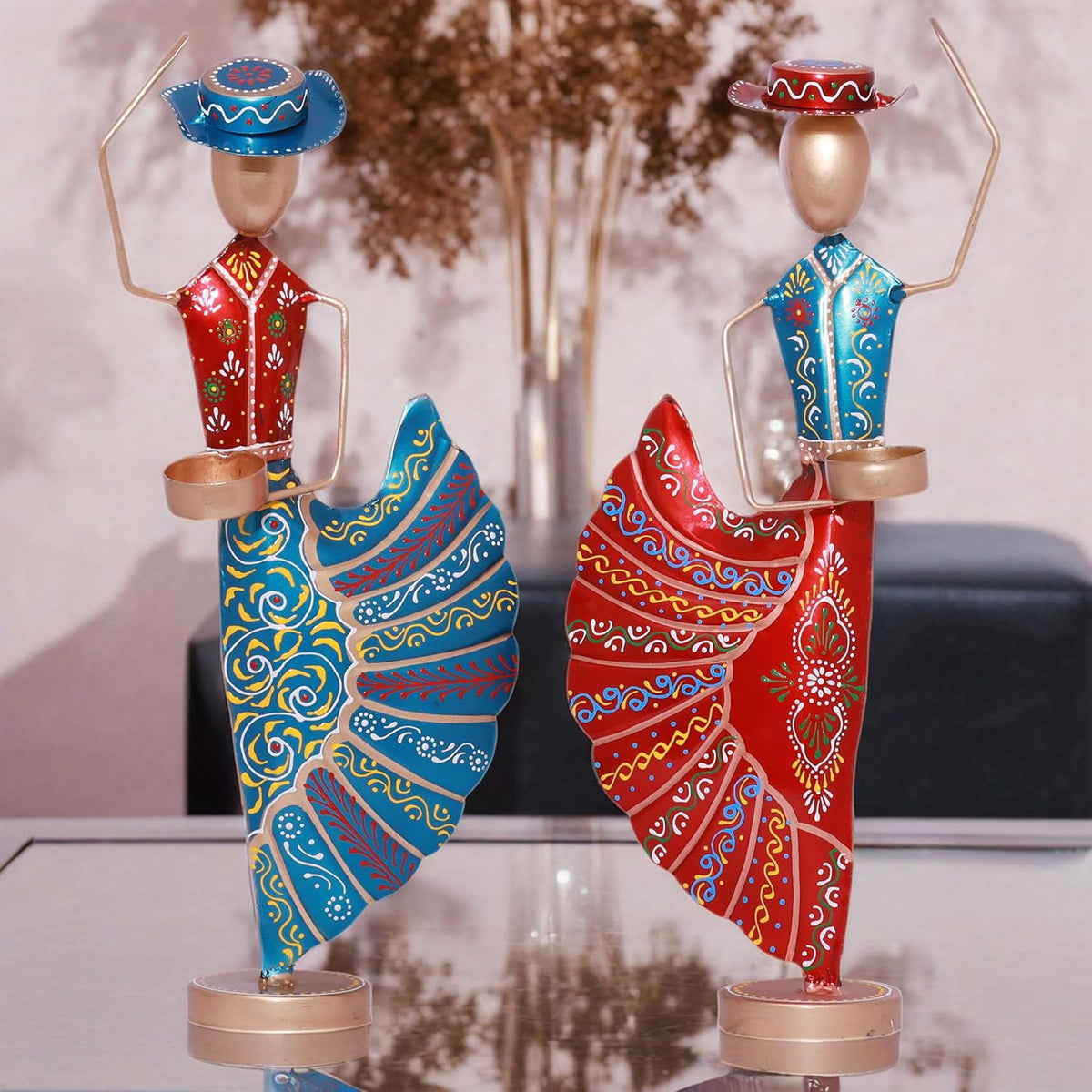 Colorful Dancers Iron Showpiece with Tealight Candle Holder – Decorative Figurine for Home