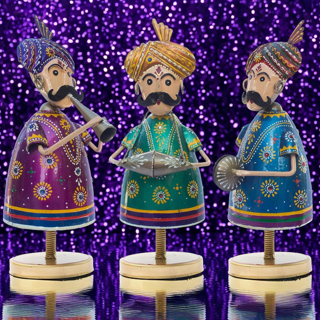 Handcrafted Trio of Mota Bhai Musicians Iron Figurine Traditional Home Decor Showpiece Set for Living Room, Office