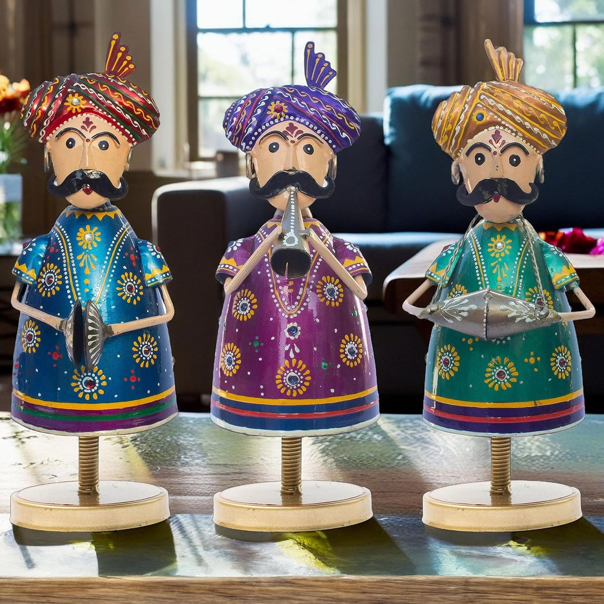 Handcrafted Trio of Mota Bhai Musicians Iron Figurine Traditional Home Decor Showpiece Set for Living Room, Office