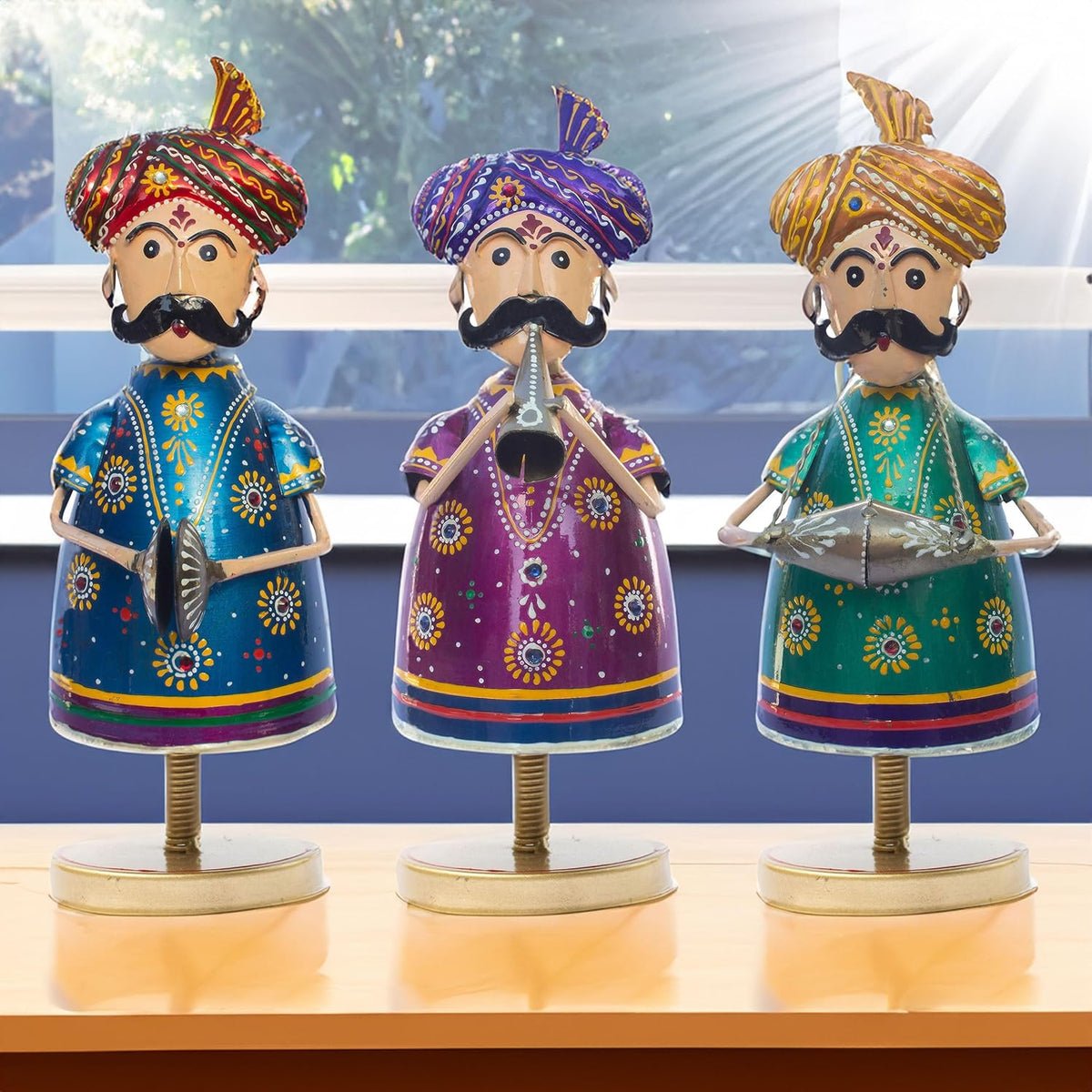 Handcrafted Trio of Mota Bhai Musicians Iron Figurine Traditional Home Decor Showpiece Set for Living Room, Office