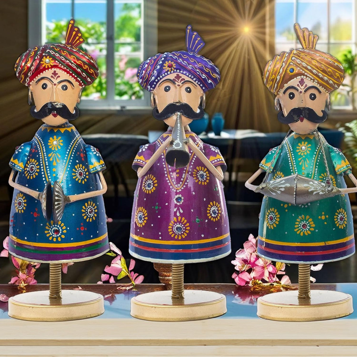 Handcrafted Trio of Mota Bhai Musicians Iron Figurine Traditional Home Decor Showpiece Set for Living Room, Office