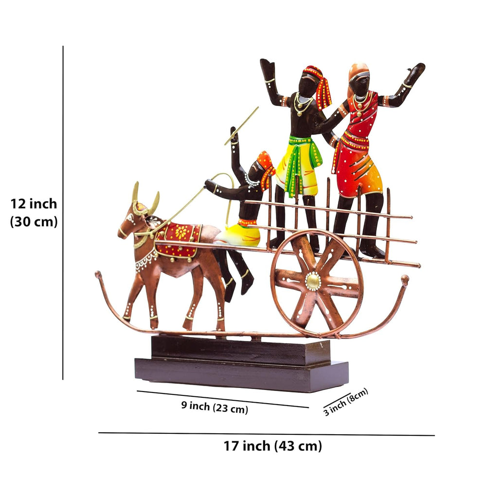 Handcrafted Ethnic Tribal Bullock Cart Showpiece – 17x12 Inch Tribal Home Décor with Wooden Base for Housewarming