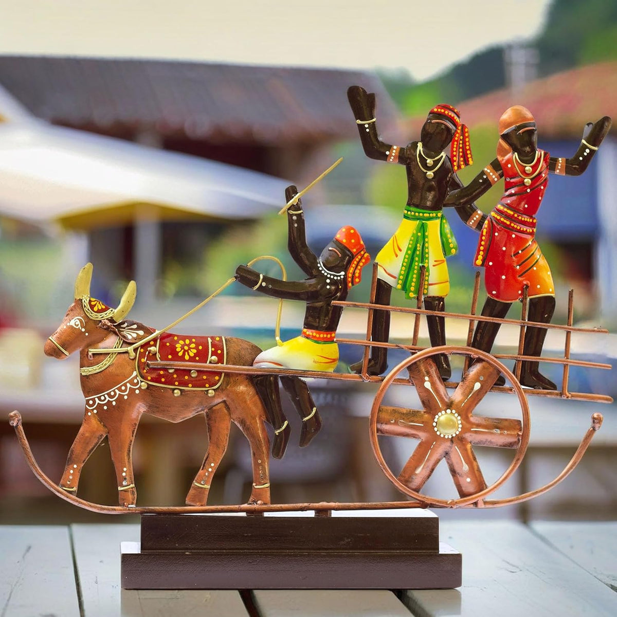 Handcrafted Ethnic Tribal Bullock Cart Showpiece – 17x12 Inch Tribal Home Décor with Wooden Base for Housewarming