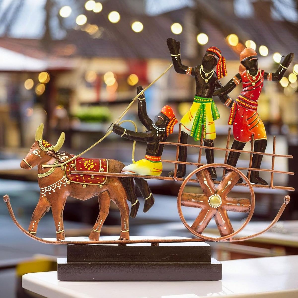 Handcrafted Ethnic Tribal Bullock Cart Showpiece – 17x12 Inch Tribal Home Décor with Wooden Base for Housewarming