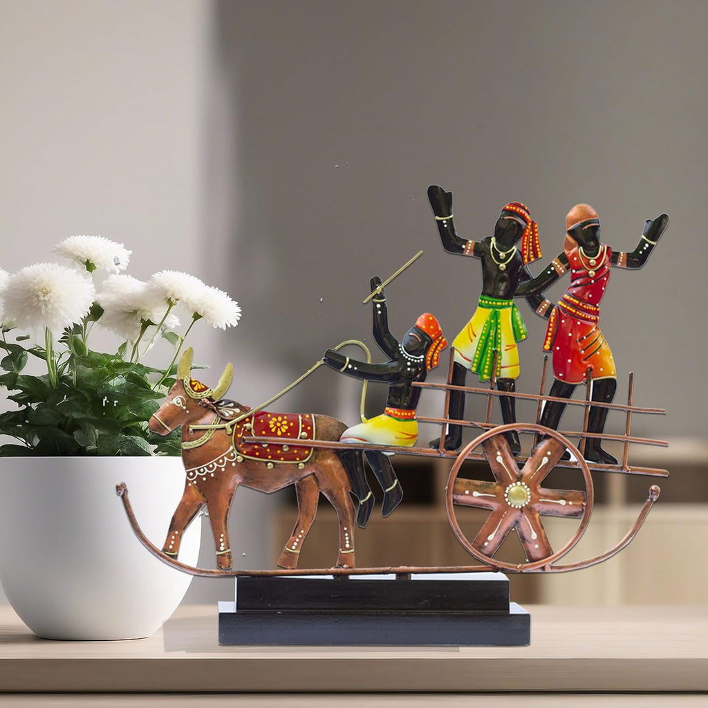 Handcrafted Ethnic Tribal Bullock Cart Showpiece – 17x12 Inch Tribal Home Décor with Wooden Base for Housewarming