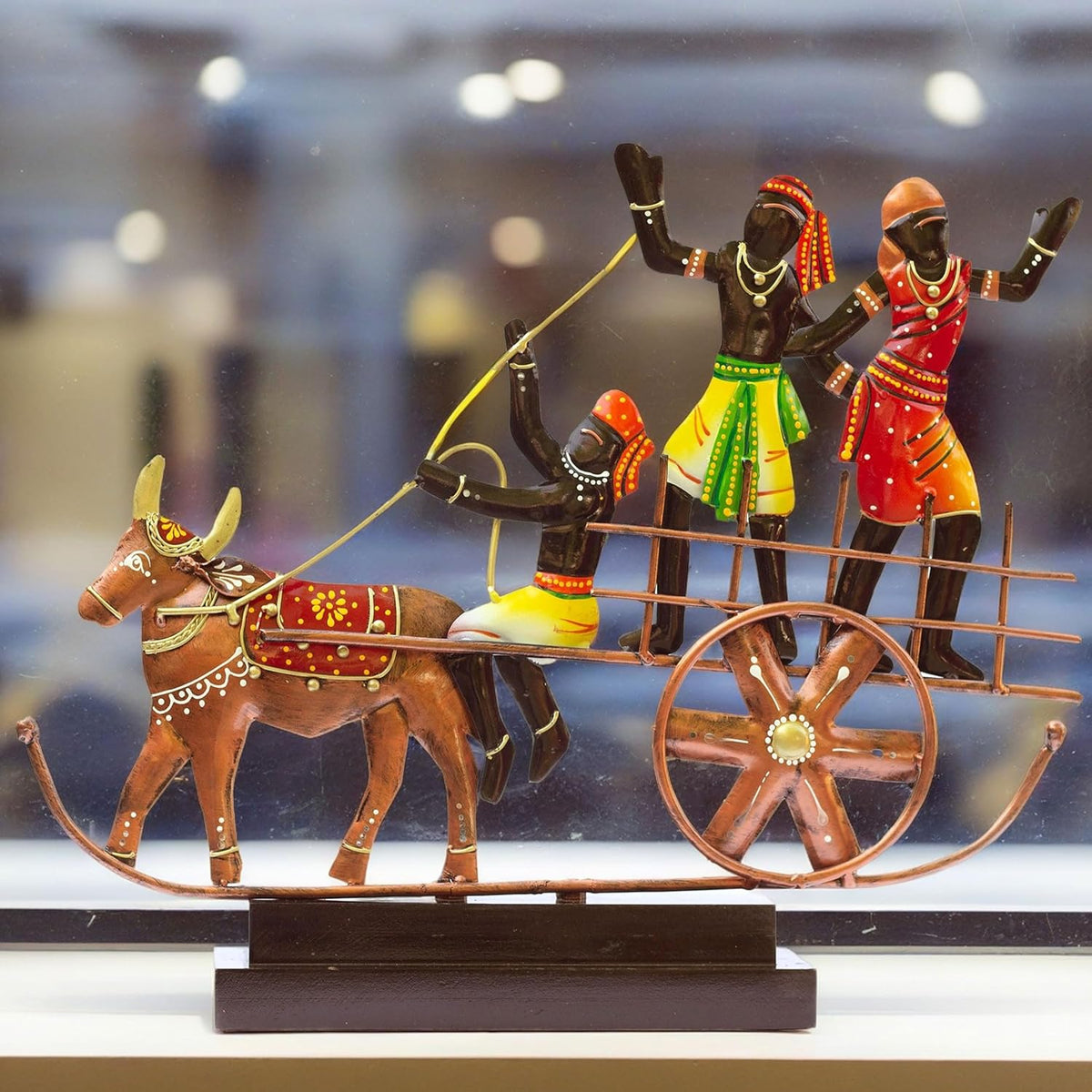 Handcrafted Ethnic Tribal Bullock Cart Showpiece - 17x12 Inch Tribal Home Décor with Wooden Base for Housewarming, Anniversaries, Weddings, and Corporate Events (Bullock Cart)