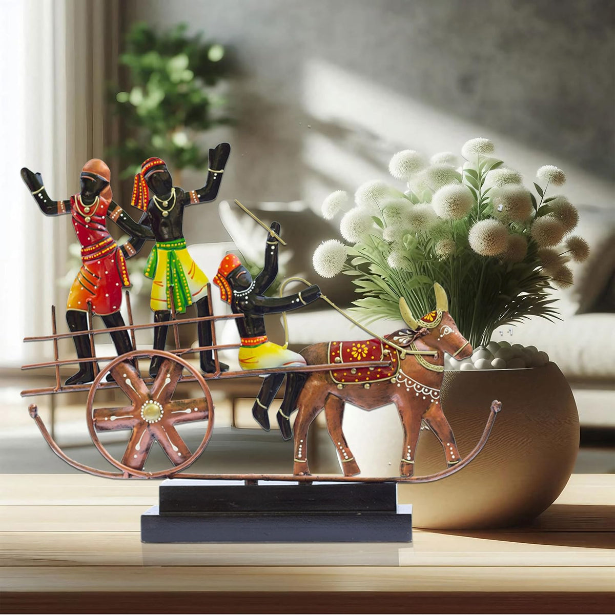 Handcrafted Ethnic Tribal Bullock Cart Showpiece – 17x12 Inch Tribal Home Décor with Wooden Base for Housewarming