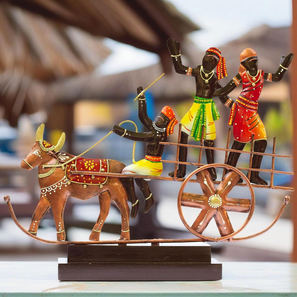 Handcrafted Ethnic Tribal Bullock Cart Showpiece – 17x12 Inch Tribal Home Décor with Wooden Base for Housewarming