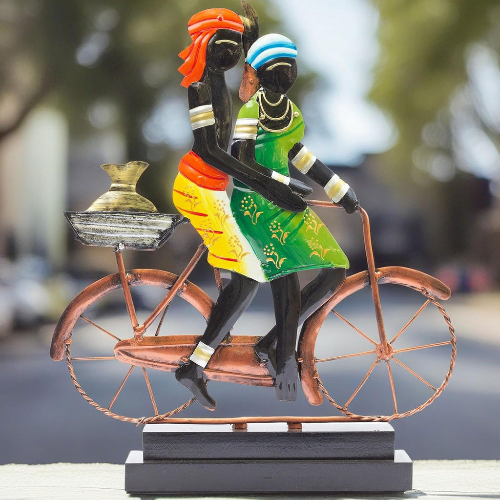 Handcrafted Ethnic Tribal Bicycle Couple Showpiece – 16x13 Inch Tribal Home Décor with Wooden Base for Housewarming