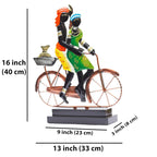 Handcrafted Ethnic Tribal Bicycle Couple Showpiece – 16x13 Inch Tribal Home Décor with Wooden Base for Housewarming