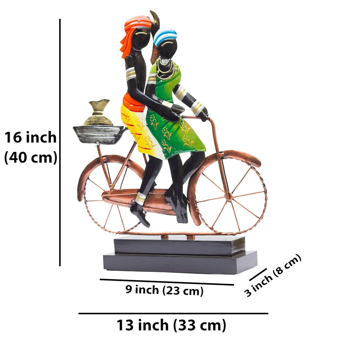 Handcrafted Ethnic Tribal Bicycle Couple Showpiece – 16x13 Inch Tribal Home Décor with Wooden Base for Housewarming