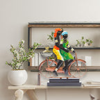 Handcrafted Ethnic Tribal Bicycle Couple Showpiece – 16x13 Inch Tribal Home Décor with Wooden Base for Housewarming