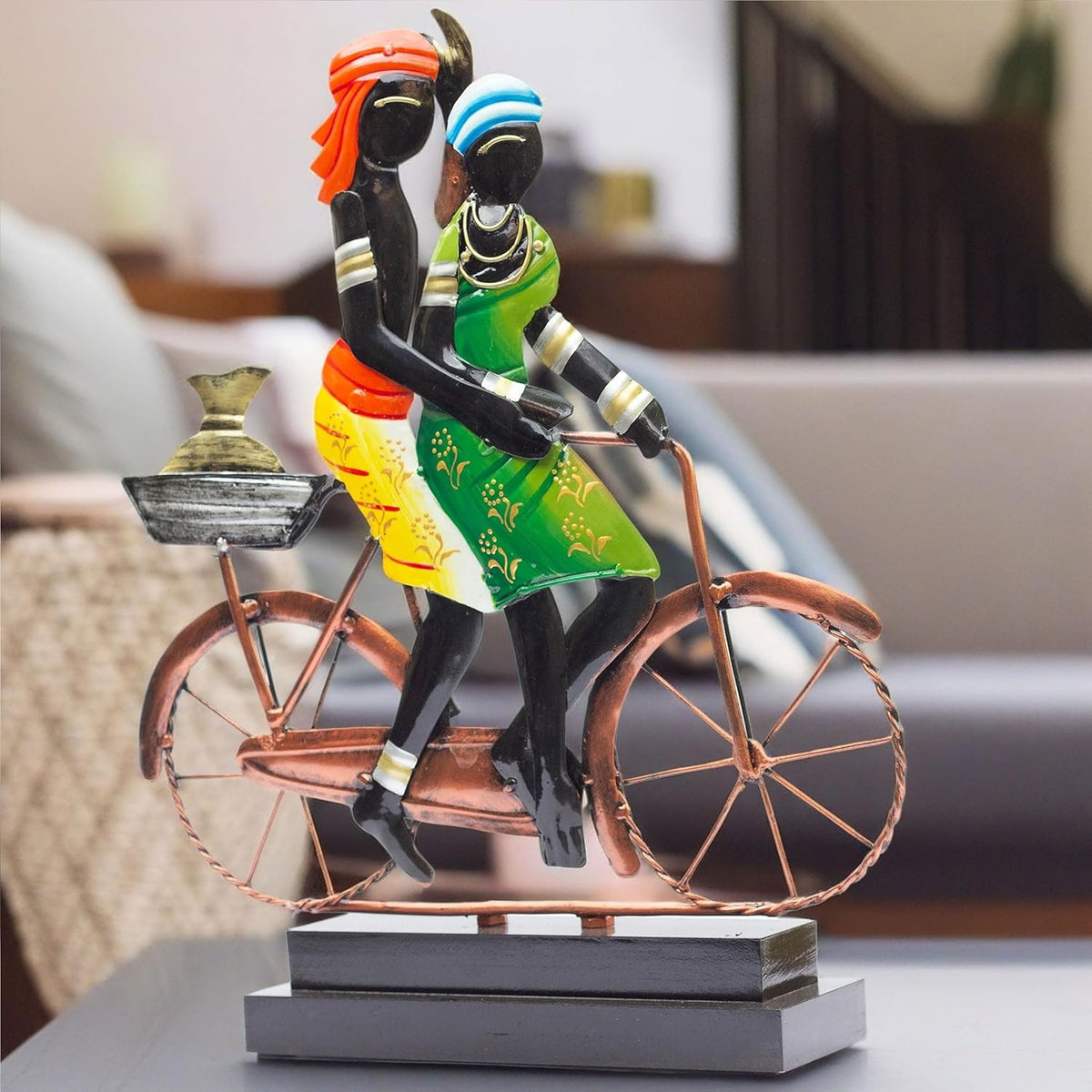 Handcrafted Ethnic Tribal Bicycle Couple Showpiece – 16x13 Inch Tribal Home Décor with Wooden Base for Housewarming