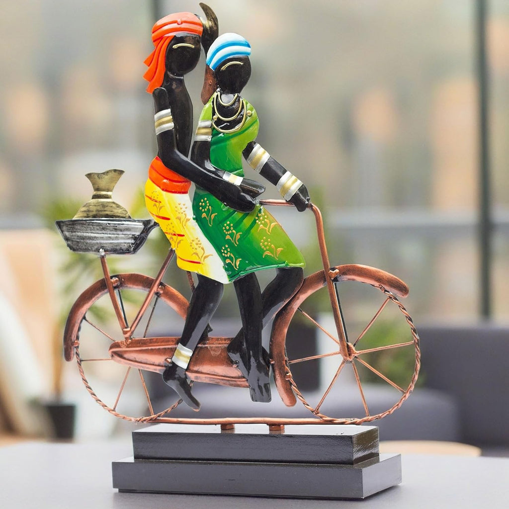 Handcrafted Ethnic Tribal Bicycle Couple Showpiece – 16x13 Inch Tribal Home Décor with Wooden Base for Housewarming