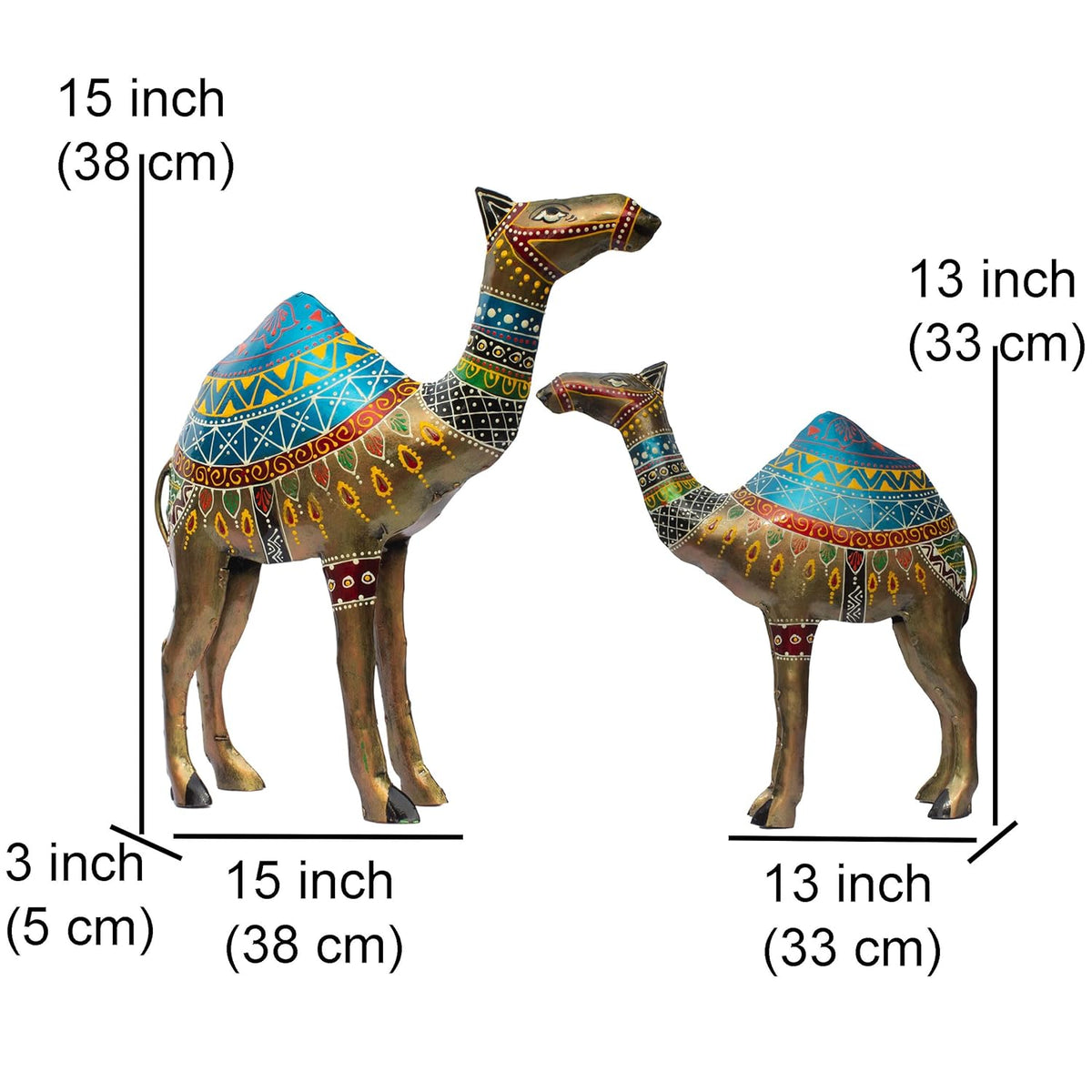 Royal Rajasthani Handcrafted Iron Camel Statues – Set of 2 | Hand-Painted Vibrant Décor | Perfect for Festive, Wedding