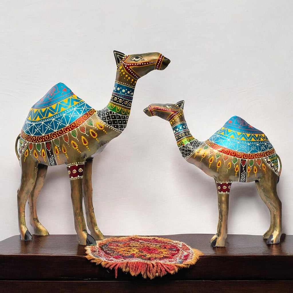 Royal Rajasthani Handcrafted Iron Camel Statues – Set of 2 | Hand-Painted Vibrant Décor | Perfect for Festive, Wedding