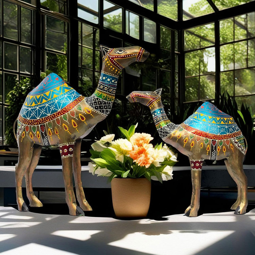Royal Rajasthani Handcrafted Iron Camel Statues – Set of 2 | Hand-Painted Vibrant Décor | Perfect for Festive, Wedding