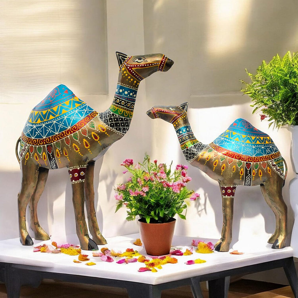 Royal Rajasthani Handcrafted Iron Camel Statues – Set of 2 | Hand-Painted Vibrant Décor | Perfect for Festive, Wedding
