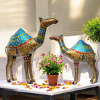 Royal Rajasthani Handcrafted Iron Camel Statues – Set of 2 | Hand-Painted Vibrant Décor | Perfect for Festive, Wedding