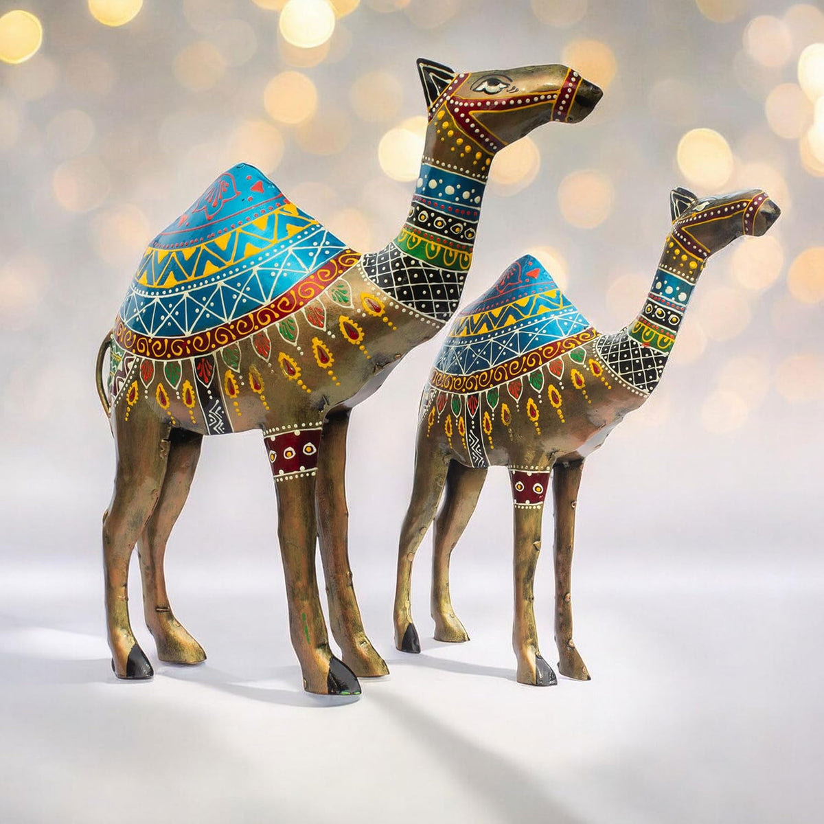 Royal Rajasthani Handcrafted Iron Camel Statues – Set of 2 | Hand-Painted Vibrant Décor | Perfect for Festive, Wedding