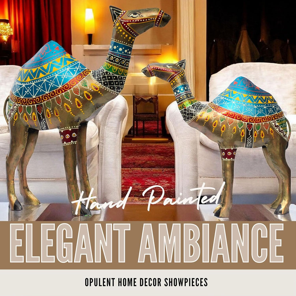 Royal Rajasthani Handcrafted Iron Camel Statues – Set of 2 | Hand-Painted Vibrant Décor | Perfect for Festive, Wedding