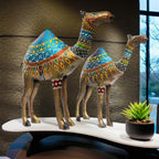 Royal Rajasthani Handcrafted Iron Camel Statues – Set of 2 | Hand-Painted Vibrant Décor | Perfect for Festive, Wedding