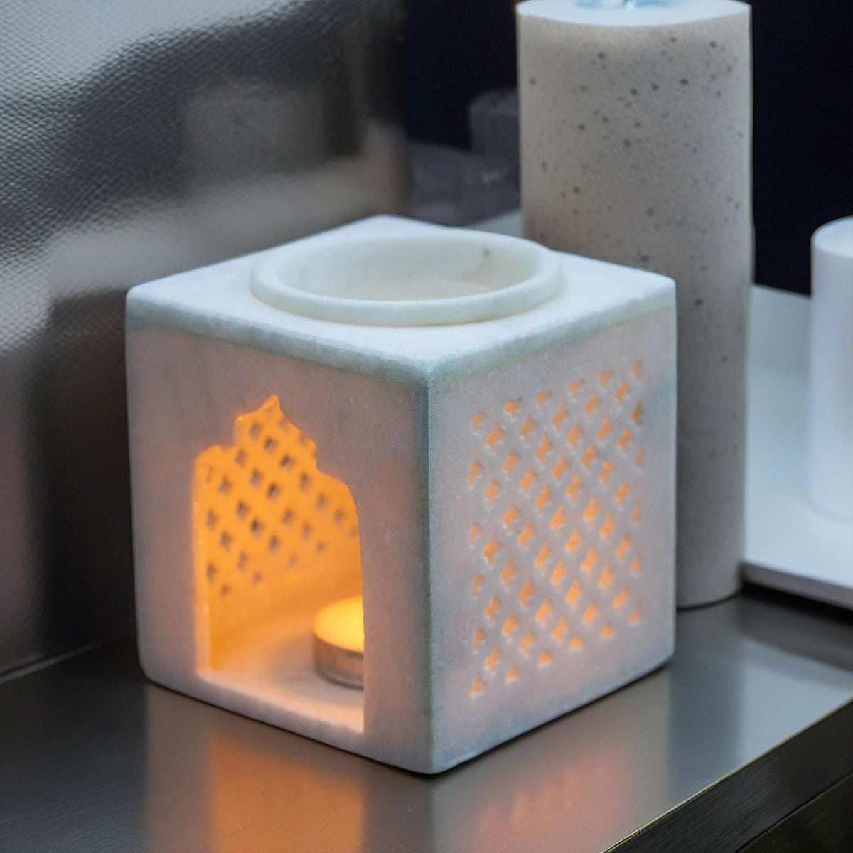 White Marble Aroma Diffuser – Essential Oil Burner, Camphor Fragrance Kapur Dani Vaporizer for Home, Office