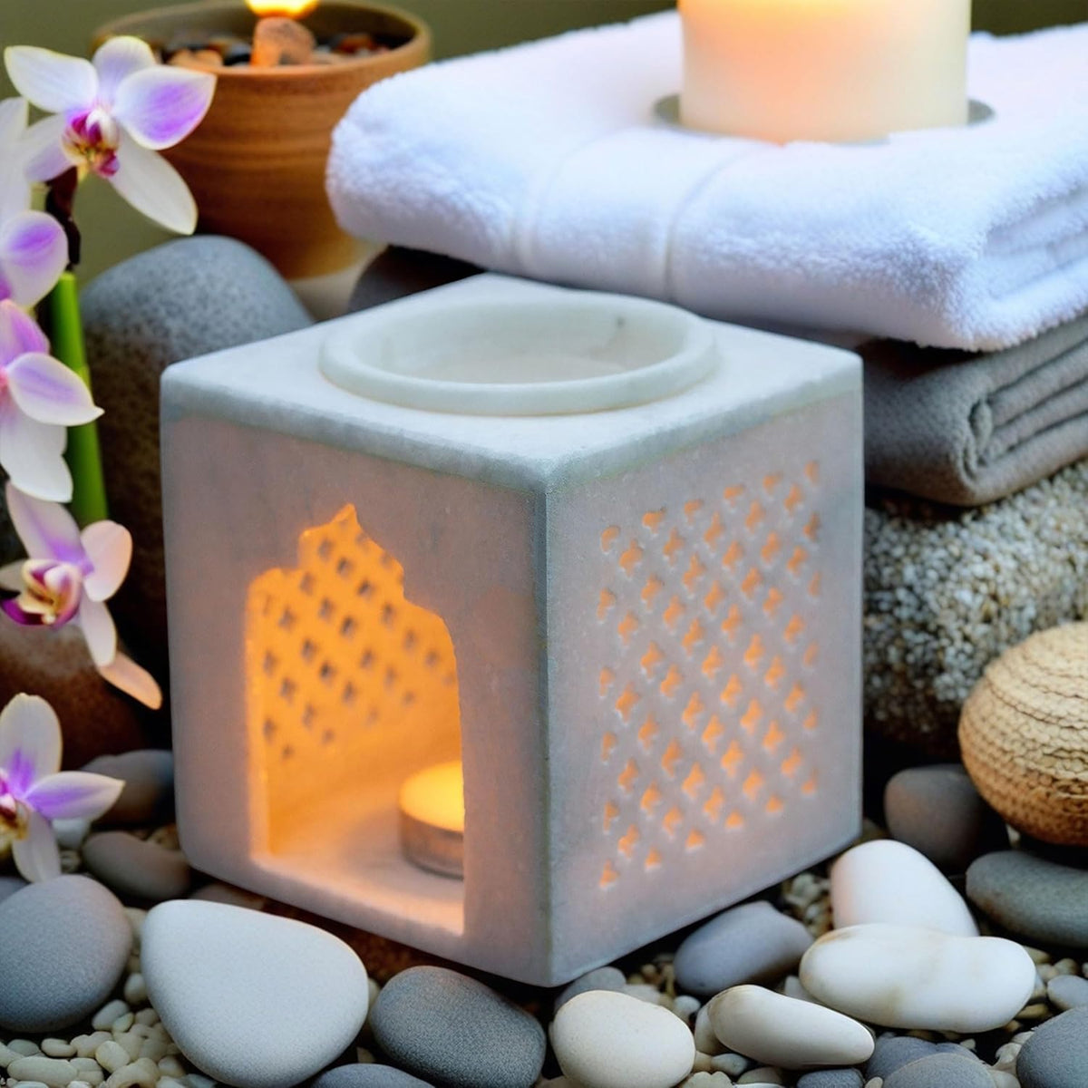 White Marble Aroma Diffuser – Essential Oil Burner, Camphor Fragrance Kapur Dani Vaporizer for Home, Office