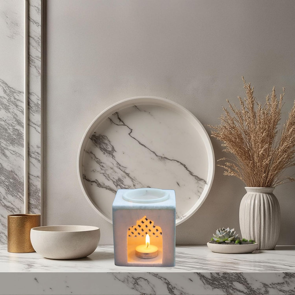 White Marble Aroma Diffuser – Essential Oil Burner, Camphor Fragrance Kapur Dani Vaporizer for Home, Office