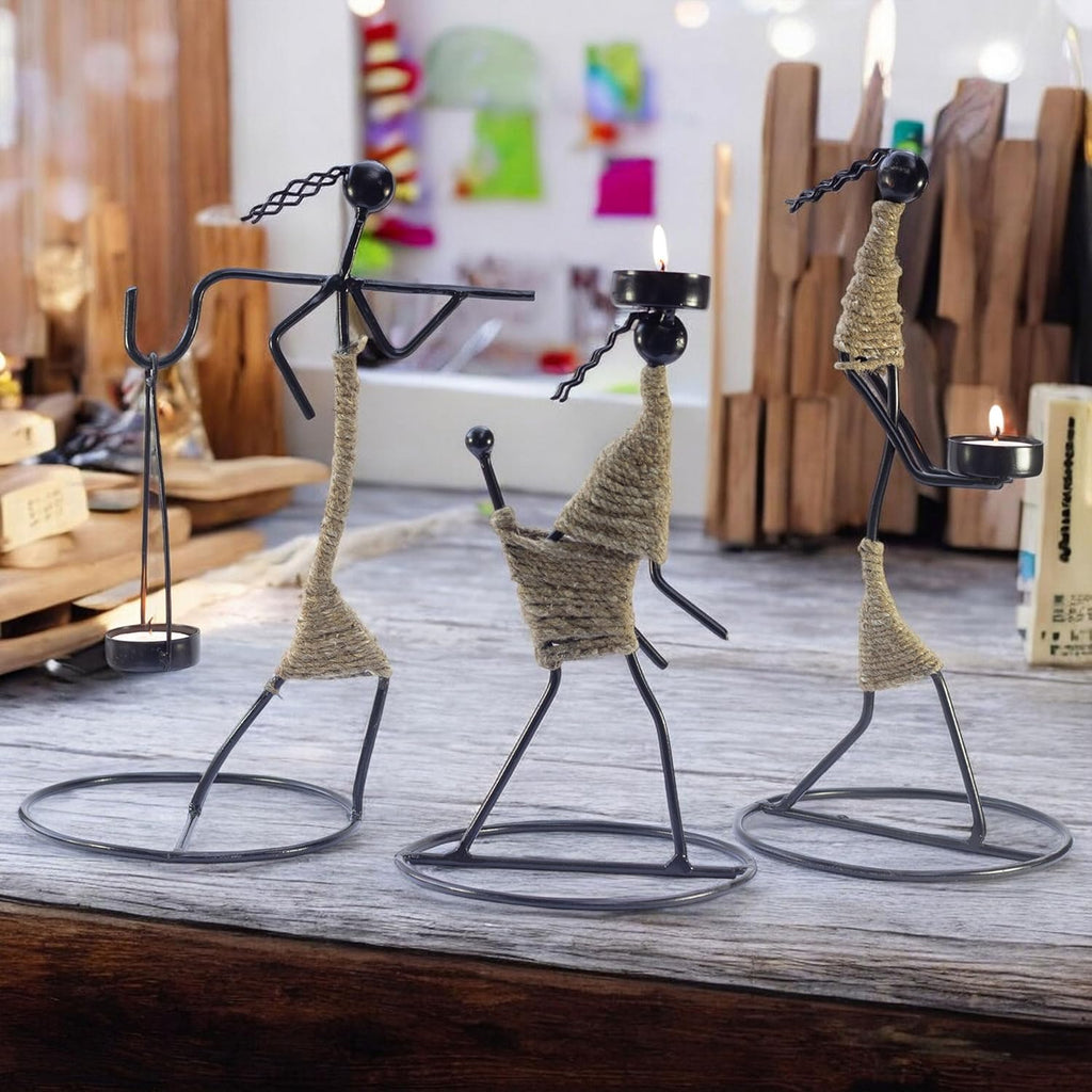 Iron Tealight Holder Set – Handcrafted Metal Worker Figurines with Jute Wrap