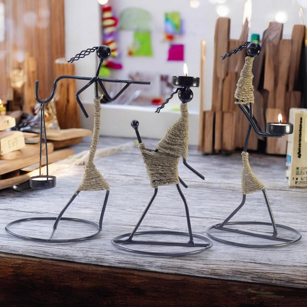 Iron Tealight Holder Set – Handcrafted Metal Worker Figurines with Jute Wrap