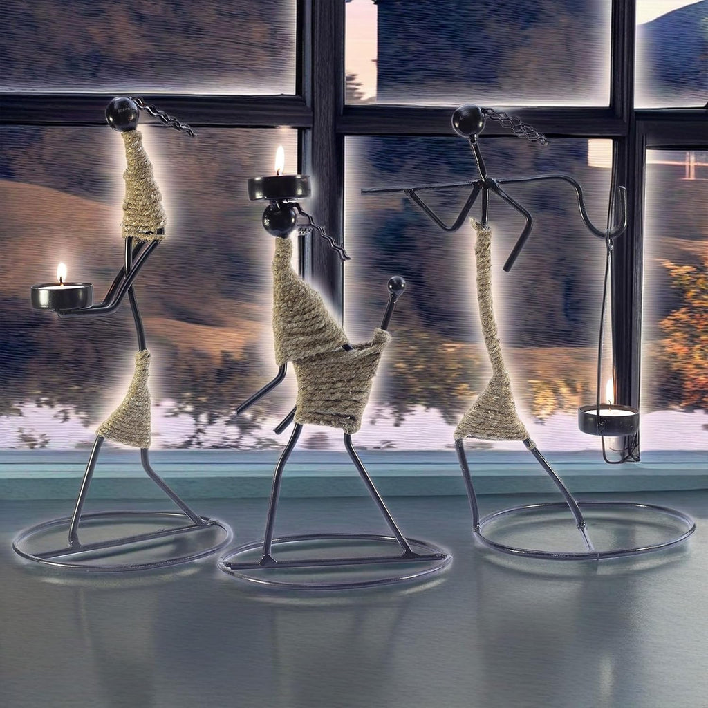 Iron Tealight Holder Set – Handcrafted Metal Worker Figurines with Jute Wrap