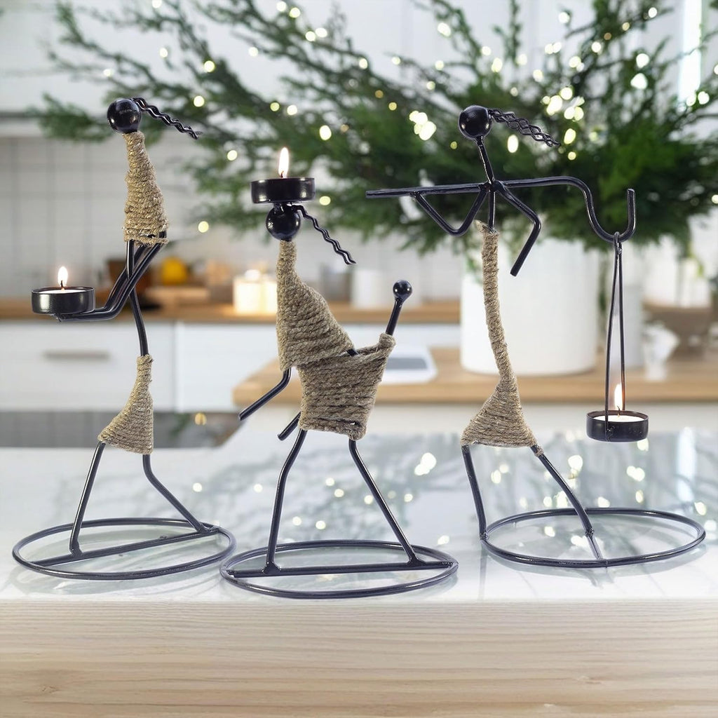 Iron Tealight Holder Set – Handcrafted Metal Worker Figurines with Jute Wrap