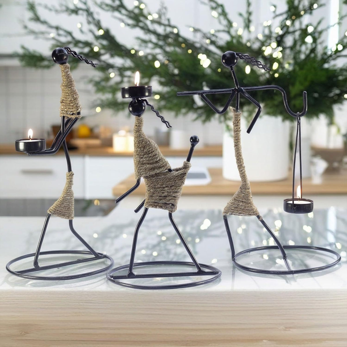 Iron Tealight Holder Set – Handcrafted Metal Worker Figurines with Jute Wrap