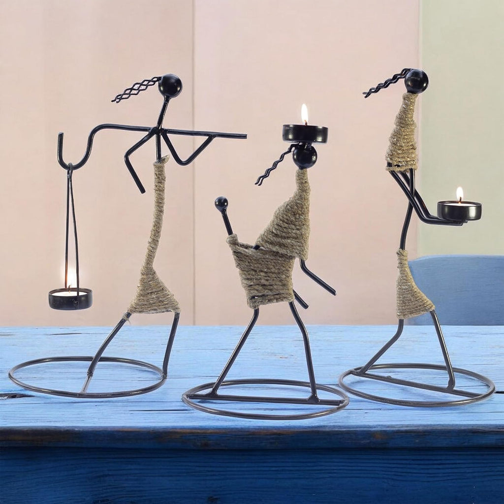 Iron Tealight Holder Set – Handcrafted Metal Worker Figurines with Jute Wrap