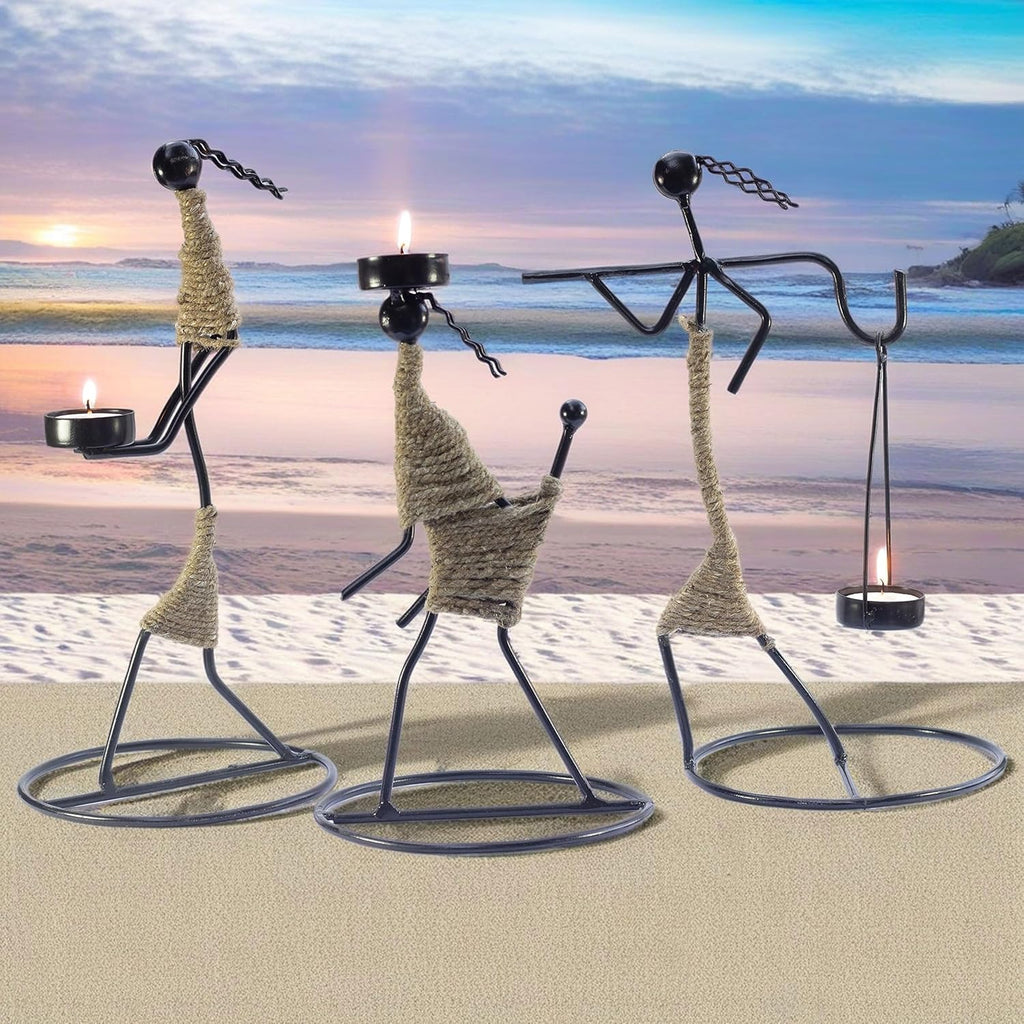 Iron Tealight Holder Set – Handcrafted Metal Worker Figurines with Jute Wrap