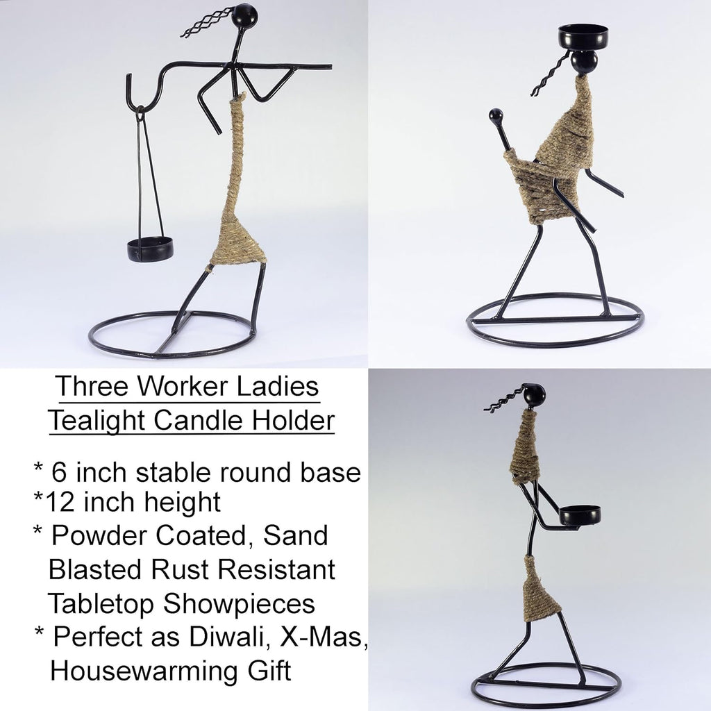 Iron Tealight Holder Set – Handcrafted Metal Worker Figurines with Jute Wrap