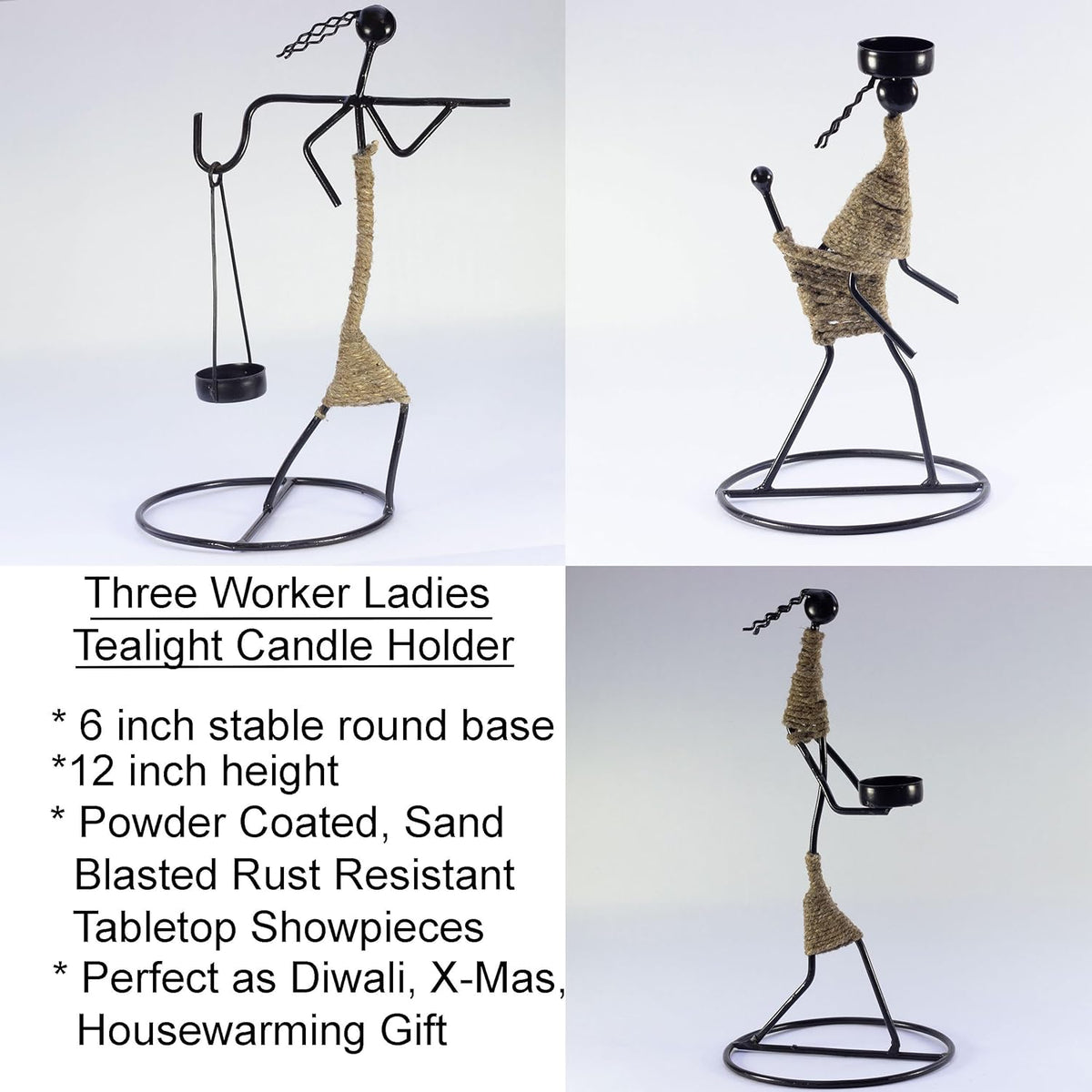 Iron Tealight Holder Set – Handcrafted Metal Worker Figurines with Jute Wrap